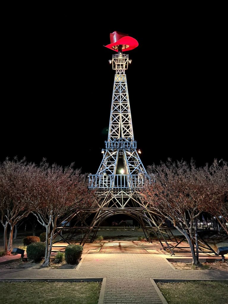 Eiffel Tower with cowboy hat on top in Paris, TX 
